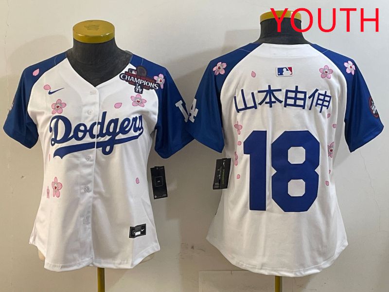 Youth Los Angeles Dodgers #18 Yamamoto White Blue Sakura Edition 2025 Nike MLB Jersey style 11->youth mlb jersey->Youth Jersey